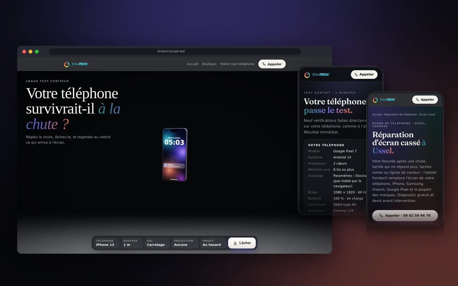 Le site fonitech.fr sur ordinateur et sur téléphone : crash test en 3D, test du téléphone et page de réparation d'écran